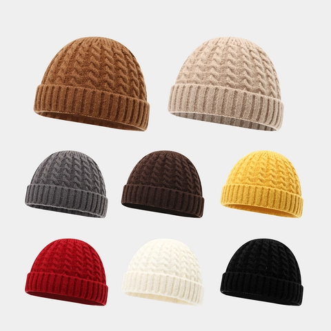 Bonnet Beanie Vintage à Torsades Pour Hommes Femmes Acrylique Bonnet Docker Chaud Hiver Sans Bord Couleur Unie Couvre-Chef Extérieur
