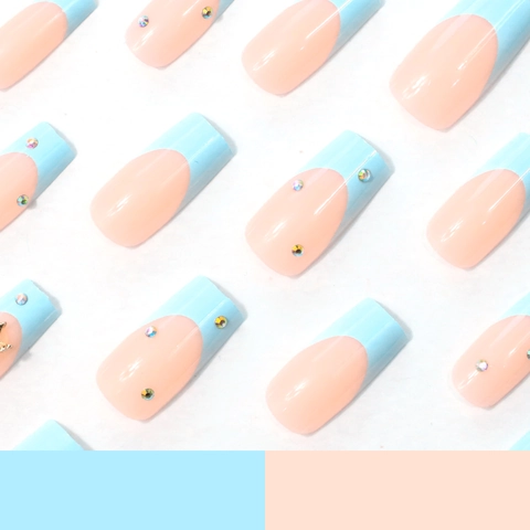 French Light Blue Square Press On Nails With Butterfly Rhinestone Artificial Plastic False Nails For Women