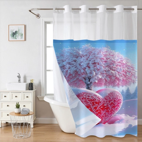 Rideau De Douche Polyester Imperméable Design Sans Crochet Double Couche Amovible Imprimé Gaufre Cœur Paysage Étoilé