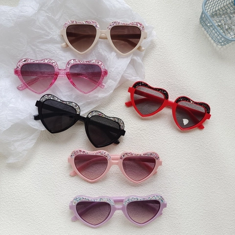 Lunettes De Soleil En Forme De Coeur Paillettes Brillantes Verres AC Monture PC Protection UV400 Pour Enfants Filles Garçons