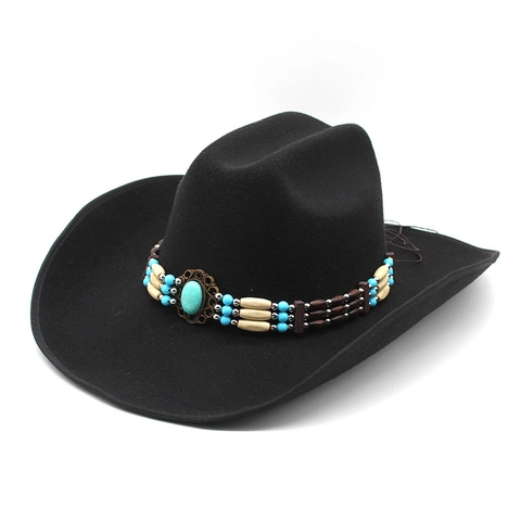 Western Cowboyhut Breite Krempe Wollfilz Mit Perlen Ethno Band Türkis Dekor Vintage Fedora Für Herren Damen