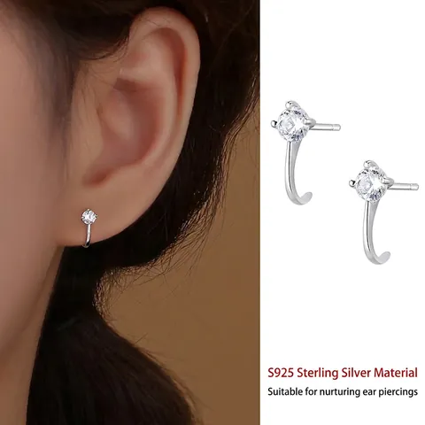 Boucles d'Oreilles Clous en Argent Sterling 925 avec Zirconia Courbé pour Femme Bijoux Géométriques Minimalistes Crochet en J
