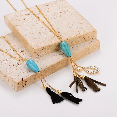 Vintage Boho 304 Stainless Steel 18K Gold Plated Faux Turquoise Water Drop Necklace And Earrings Jewelry Set Fringe