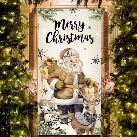 Kerst Deurbanner Vintage Kerstman Rendier Sneeuwpop Print Polyester Buiten Tuin Hangende Vlag Vakantie Huis Decoratie