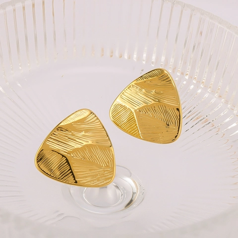 Triangle Stud Earrings Titanium Steel Geometric Leaf Texture 18K Gold Plated Minimalist Trendy Jewelry For Women
