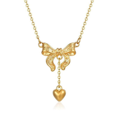 Collana Con Ciondolo A Fiocco In Acciaio Inossidabile Placcato Oro 18K Ciondolo A Cuore Gioielli Di Moda Eleganti Vintage Per Donna