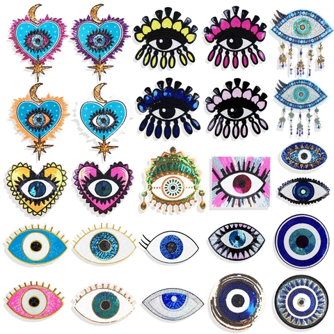Μεγάλο Μπάλωμα Με Πούλιες Σε Σχήμα Καρδιάς Evil Eye Κέντημα Επίθεμα Για Ρούχα Τσάντες DIY Χειροτεχνία Μποέμ Στυλ
