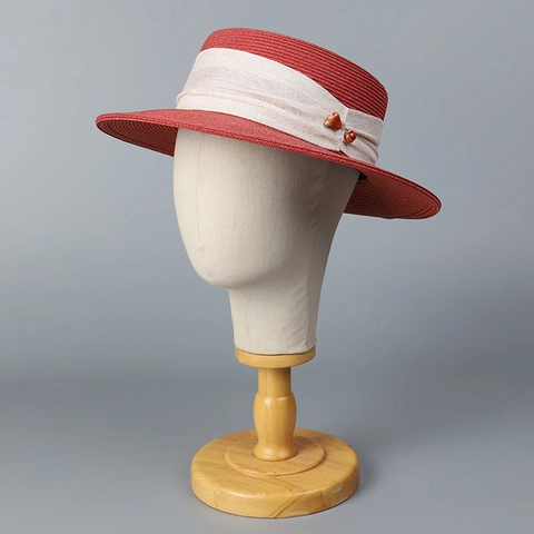 Women Straw Boater Hat Flat Top Wide Brim Paper Fiber With Ribbon Ceramic Beads Summer Beach Sun Protection Elegant