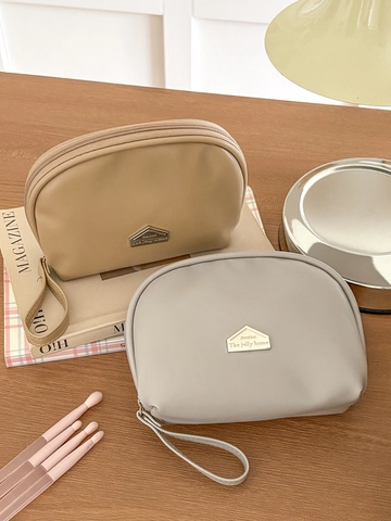 PU Leather Makeup Bag Waterproof Portable Semi-Circular Cosmetic Pouch With Wrist Strap Travel Organizer Simple Solid Color