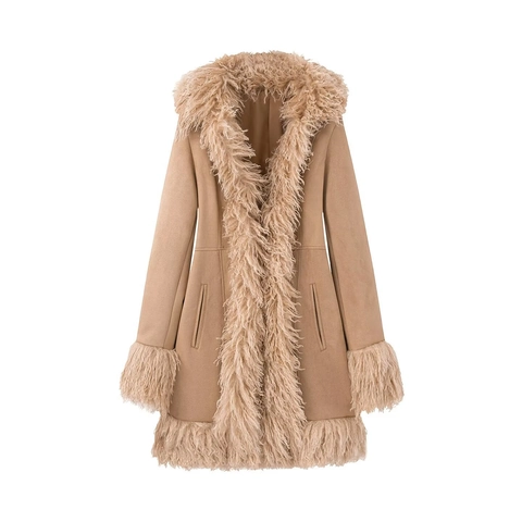 Damen Mantel Mit Kunstpelzbesatz Wildlederoptik Langarm Reißverschluss Patchwork Warm Elegant Reverskragen Jacke