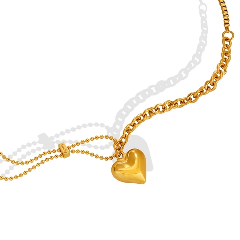 Collana Pendente Cuore 3D In Acciaio Titanio Placcato Oro 18K Catena Mista Perline Maglie Incisione Luck Gioielli Donna