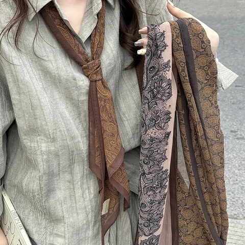 Collier Écharpe Fine Mousseline Paisley Vintage Pour Femmes Style Ethnique Imprimé Floral Cravate Longue Chaîne Pull Tissu