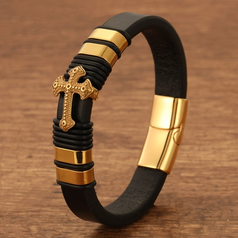 Men's Leather Bracelet With Stainless Steel Cross Charm Retro Fashion Jewelry Magnetic Clasp