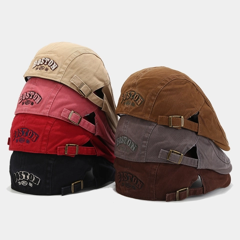 Gorra Plana De Algodón Lavado Retro Hebilla De Metal Ajustable Bordado Gorro Vintage Casual Para Hombres Y Mujeres