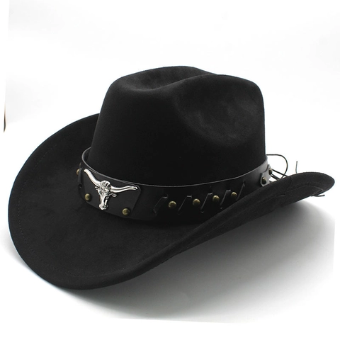 Western Cowboy Hat Suede Felt Wide Brim With Metal Bull Head And Rivets Vintage Ethnic Style For Men Women