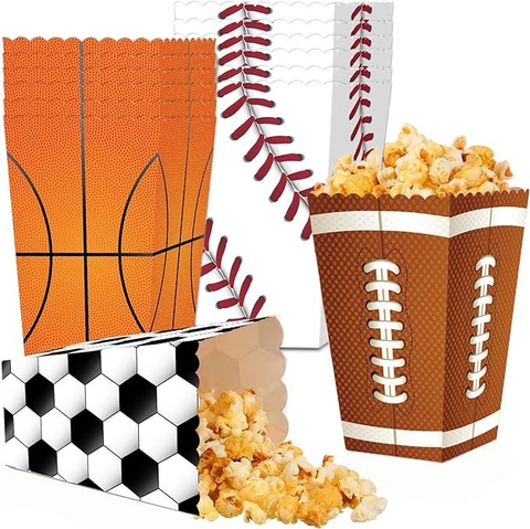 Sports Theme Popcorn Boxes Disposable Cardboard Snack Treat Containers For Birthday Party Football Soccer Basketball Patterns