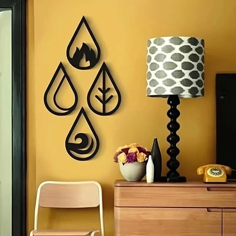 Teardrop Wall Hanging Decorative Signs Poplar Wood Natural Elements Fire Water Earth Air Symbols Black Matte Finish Home Decor