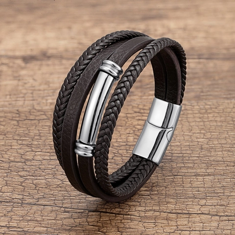 Bracelet En Corde De Cuir Tissé Multicouche Pour Hommes Avec Fermoir Magnétique En Acier Inoxydable Bijou Rétro