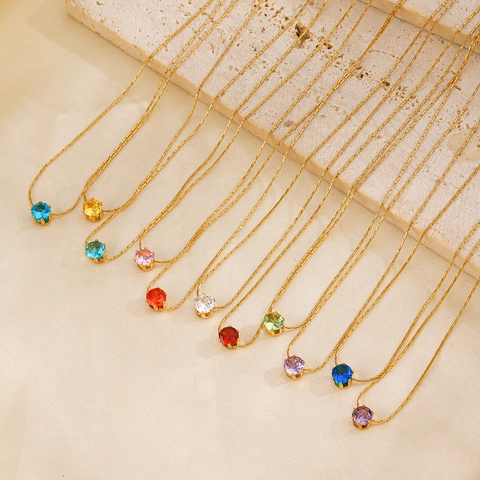 Geburtsstein Anhänger Halskette Rund Zirkonia Edelstahl Vergoldet Bunt 6-Krallen Eleganter Schmuck Für Damen