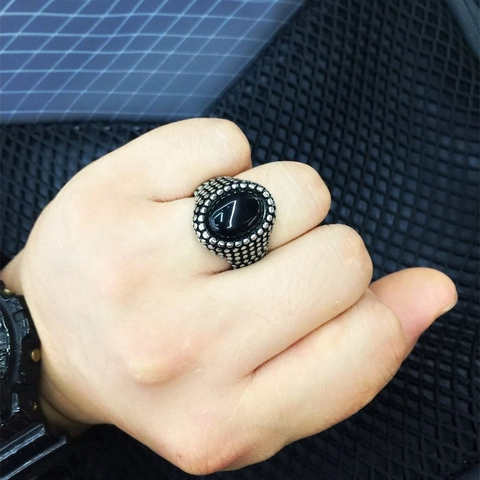 Vintage Men Ring Stainless Steel With Oval Black Gemstone Retro Carved Beaded Texture Punk Biker Jewelry