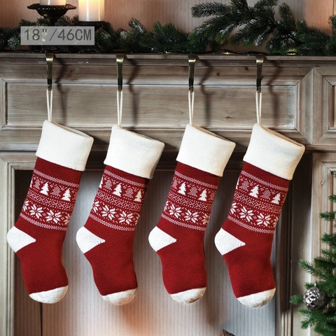 Christmas Stockings Knitted Acrylic Yarn Retro Snowflake Christmas Tree Fireplace Decor Hanging Gift Bag Vintage Nordic