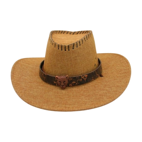 Western Cowboy Hat Wide Brim Felt Leopard Head Metal Buckle Vintage Ethnic Style Outdoor Sun Protection Adjustable Strap