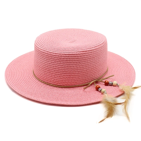 Chapeau Boater Paille De Papier Protection Solaire Plage Voyage Style Bohème Avec Décoration De Plumes Et Perles