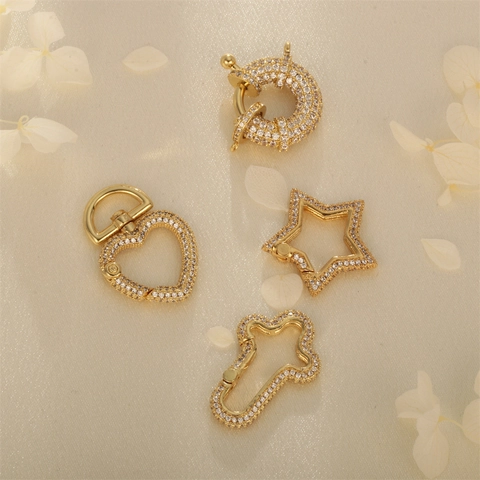 Zircon Inlaid Spring Buckle Copper Gold Plated DIY Jewelry Making Connector For Necklace Bracelet Star Heart Cross Shapes