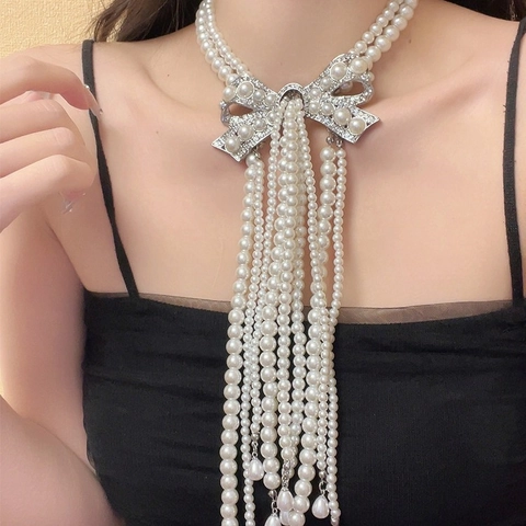 Collar De Perlas Artificiales Artificiales De Varias Capas Con Lazo De Diamantes De Imitación Y Borlas Largas Joyería Nupcial