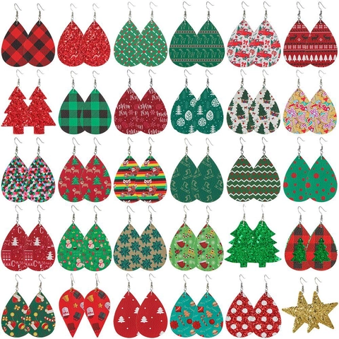 Weihnachts Kunstleder Tropfenform Ohrhänger Festlich Karo Glitzer Stern Baum Muster Feiertag Schmuck Damen Mädchen