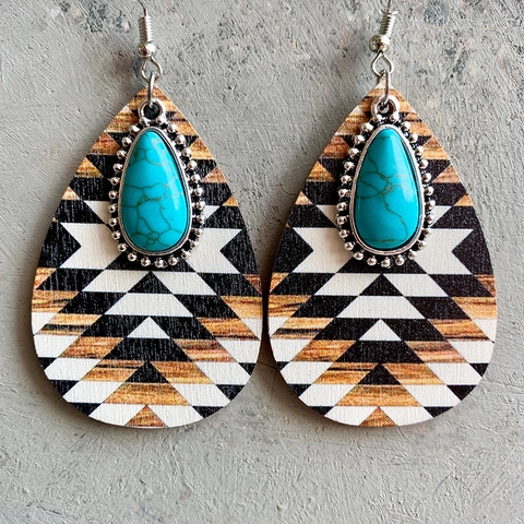 Tropfenohrringe Holz Legierung Türkis Stein Ethno Boho Aztekisch Geometrisch Retro Schmuck Damen