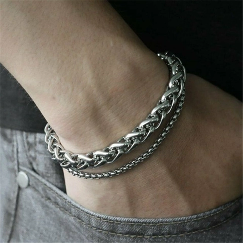 Men Double Layer Bracelet Titanium Steel Vintage Silver Wheat Box Chain Punk Hip Hop Jewelry For Unisex