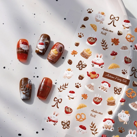 Adesivi Unghie Rilievo 5D Tema Autunno Cartone Animato Coniglio Orso Foglia Acero 3D Manicure DIY