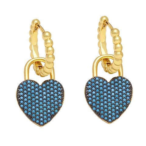 Heart Lock Pendant Hoop Earrings Copper 18K Gold Plated Full Cubic Zirconia Fashion Trendy Jewelry For Women