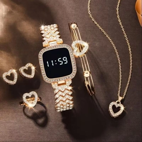 Women Luxury Rhinestone Heart Shaped LED Digital Watch Necklace Earrings Bracelet Ring Alloy Jewelry
