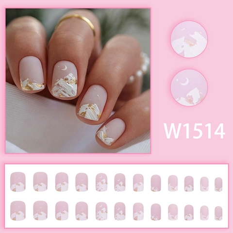 Matte Pink Press On Nails With White Snow Mountain Embossed Pattern And Gold Foil Artificial Finger Nails For Women