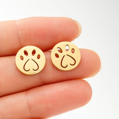 Stainless Steel Stud Earrings Hollow Round Disk Paw Print Heart Design Cute Pet Lover Jewelry For Women Girls