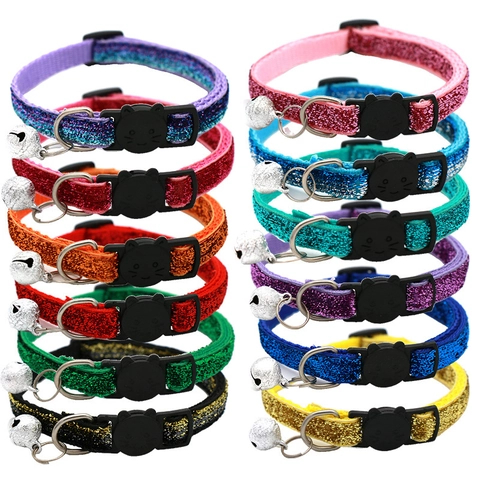 Adjustable Cat Collar With Bell And Safety Buckle Glitter Sparkly Pet Necklace For Small Dogs Kittens Quick Release