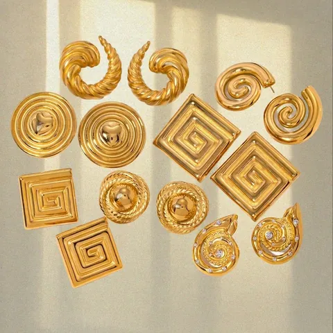 Vintage 18K Gold Plated Stainless Steel Spiral Hoop Earrings For Women Retro Geometric Textured Chunky Waterproof Jewelry
