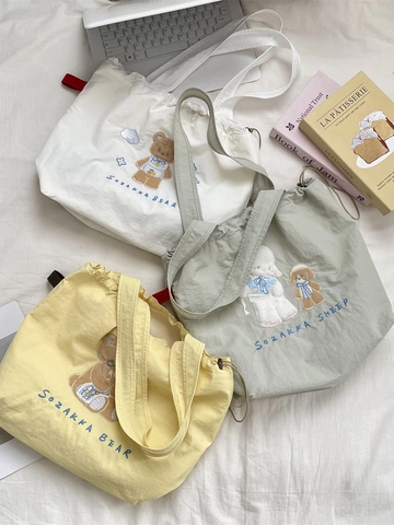 Canvas Tote Bag Cartoon Embroidery Bear Sheep Drawstring Handbag Kawaii Large Capacity Shoulder Bag For Women School Travel
