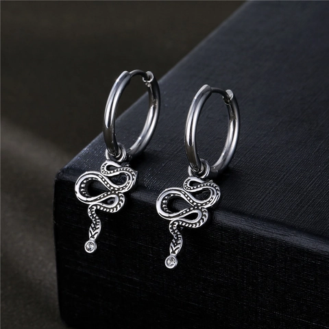 Stainless Steel Snake Pendant Hoop Earrings With Zirconia Gothic Punk Vintage Animal Design Jewelry For Men Women