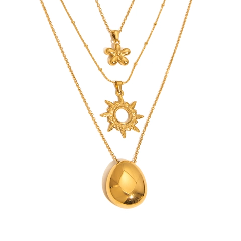 18K Gold Plated Stainless Steel Necklace Waterproof Hypoallergenic Multi Layer Oval Flower Sun Pendants For Women