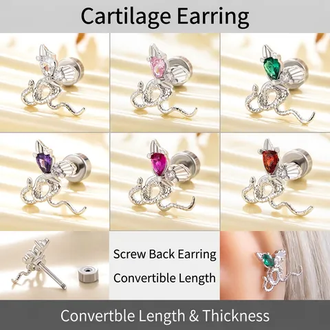 Snake Stud Earring Titanium Steel Helix Cartilage Piercing With Teardrop Heart Cubic Zirconia Screw Back Women Jewelry