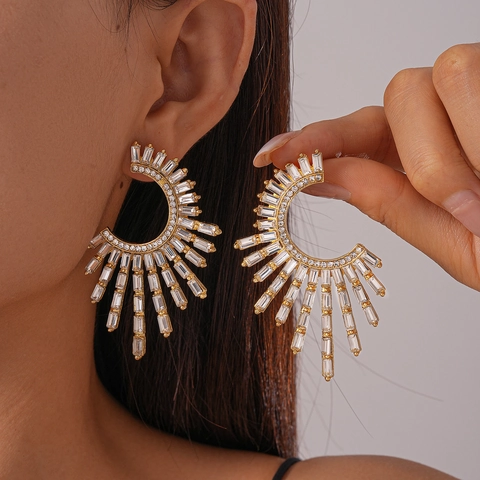 Orecchini A Ventaglio Sole Geometrici Forma C Lega Oro Strass E Perno In Argento Sterling 925