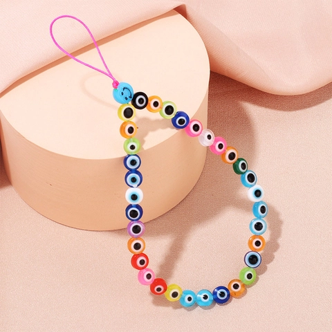 Niche Ontwerp Kleurrijke Polymeerklei Kralen Telefoonketting Met Kunstparel Boze Oog Lachgezicht Hart Letter Mobiele Strap Voor Vrouwen