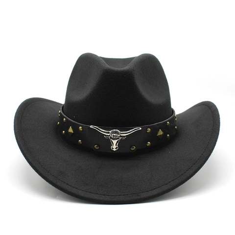 Western Cowboy Hat Vintage Felt Fedora With Leather Band Metal Bull Head Rivets Wide Brim Jazz Cap For Men Women