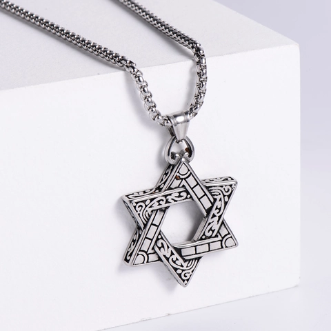 Star Of David Hexagram Pendant Necklace 304 Stainless Steel Retro Engraved Floral Pattern Unisex Jewelry