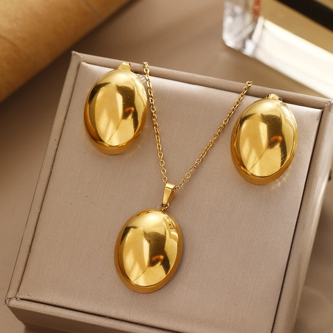 Ensemble Bijoux Minimaliste Acier Inoxydable Femmes Or Argent Ovale Géométrique Pendentif Collier Boucles d'oreilles Mode