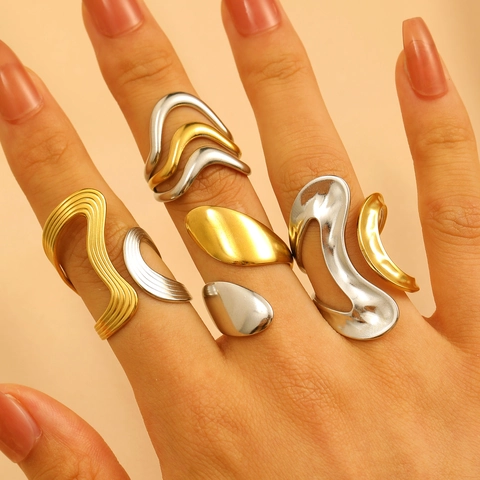 Stainless Steel Ring For Women 18K Gold Plated Two Tone Irregular Molten Geometric Minimalist Adjustable Open Style