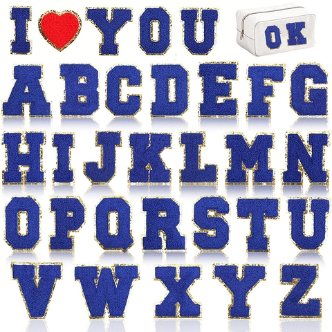 Chenille Letter Patches Royal Blue Gold Glitter Border Iron On Embroidery Patch For Clothes Bag Hat DIY Decoration